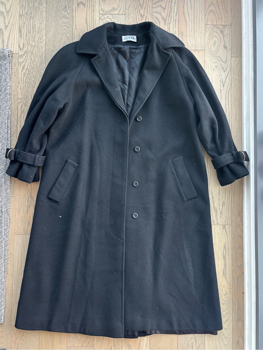 JG Hook Black Wool Trench Coat with Belted Cuff Detail